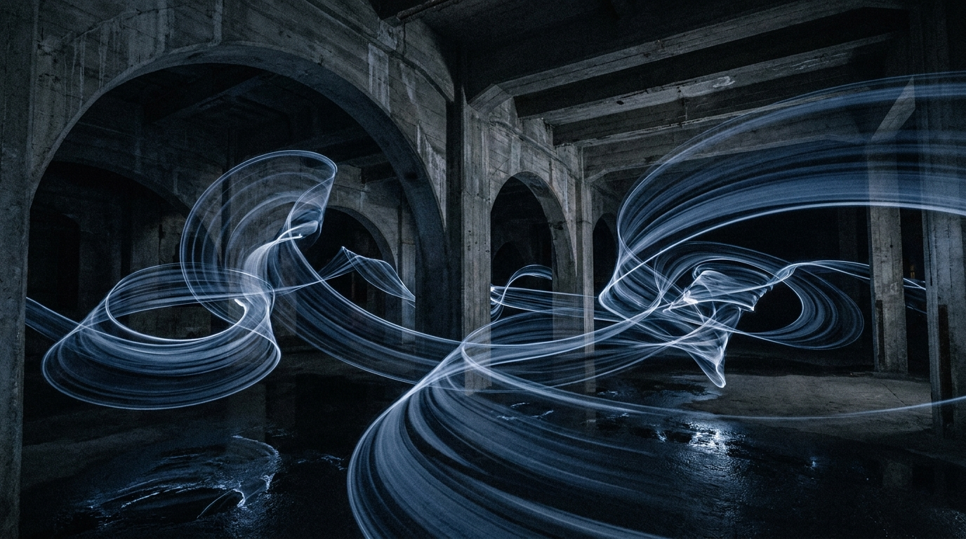 A high speed long exposure photograph of light painting in a dark architectural space