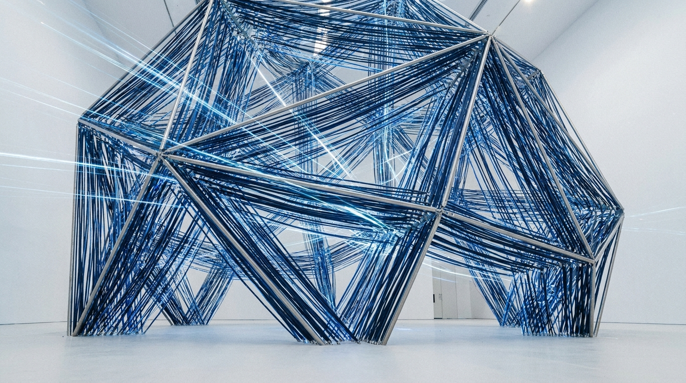 A wide angle cinematic photograph of a futuristic architectural installation