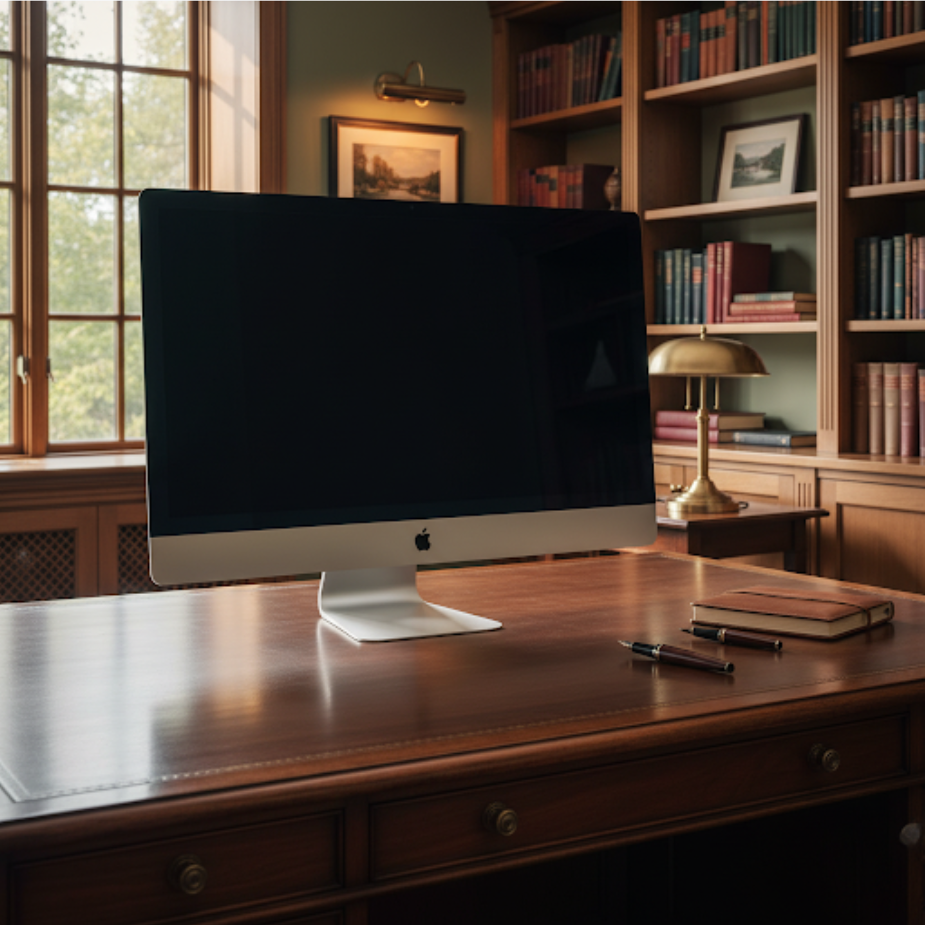 A precise software workspace in a warm library office