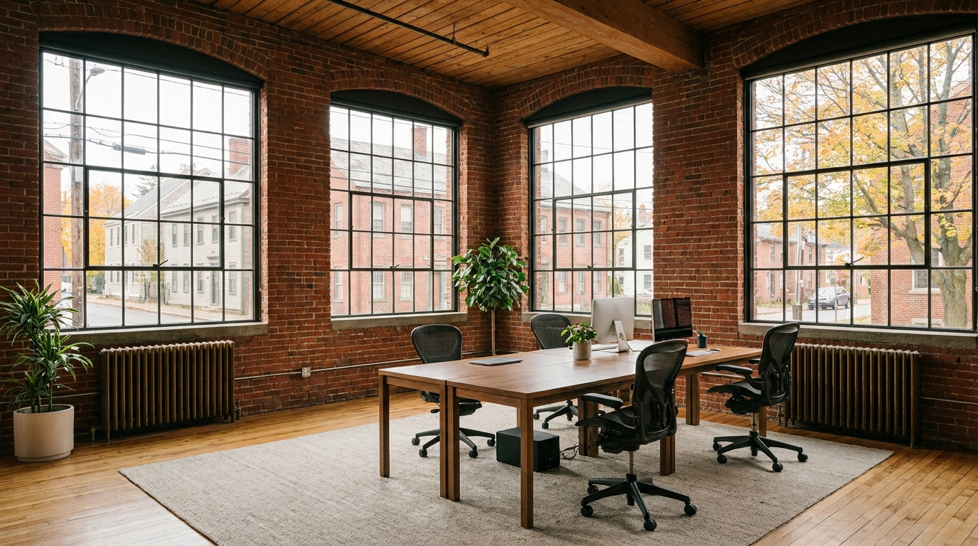 Modern minimalist office in a historic brick building